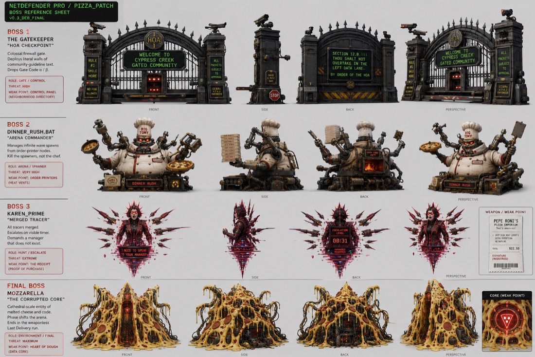 Roster sheet showing the game's boss designs