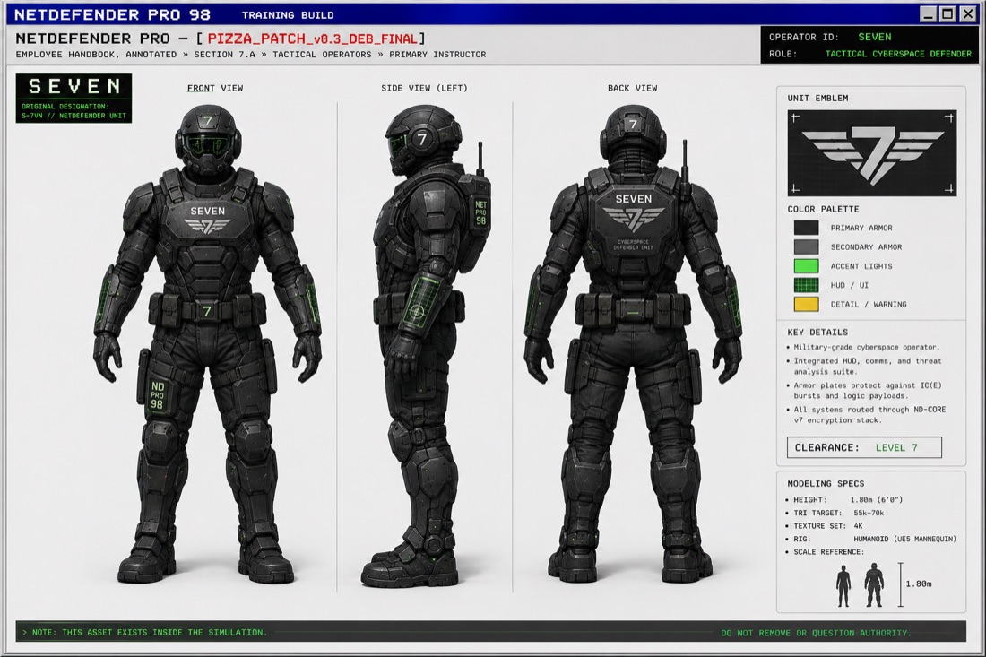 Character sheet for UNIT-7, the military AI guide