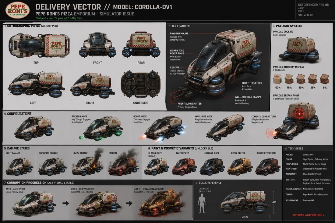 Technical reference sheet for the Delivery Vector, a light-cycle style vehicle