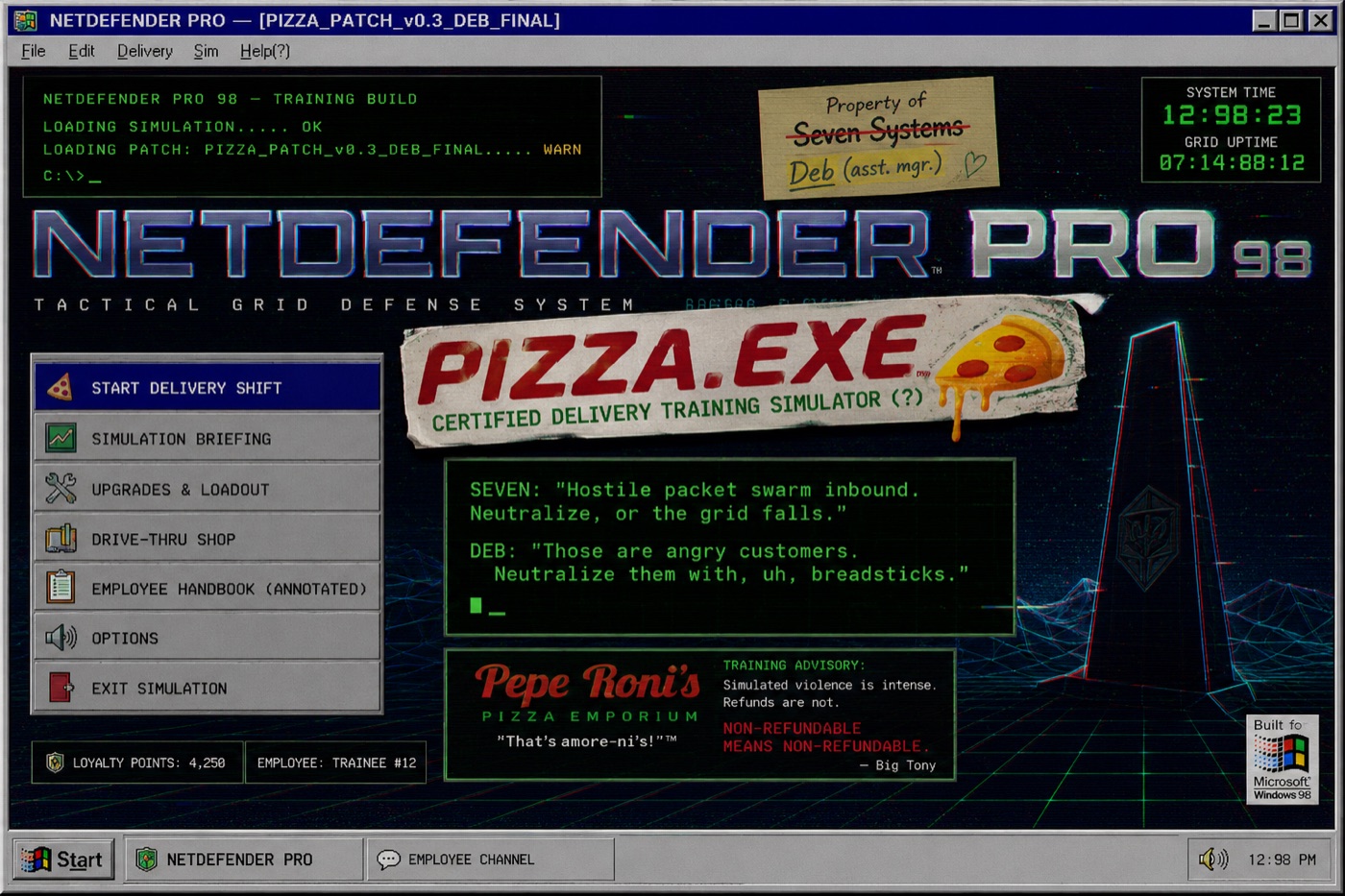 PIZZA.EXE concept art: the NETDEFENDER PRO 98 main menu, a military cyberspace simulator with a PIZZA.EXE sticker taped over its branding